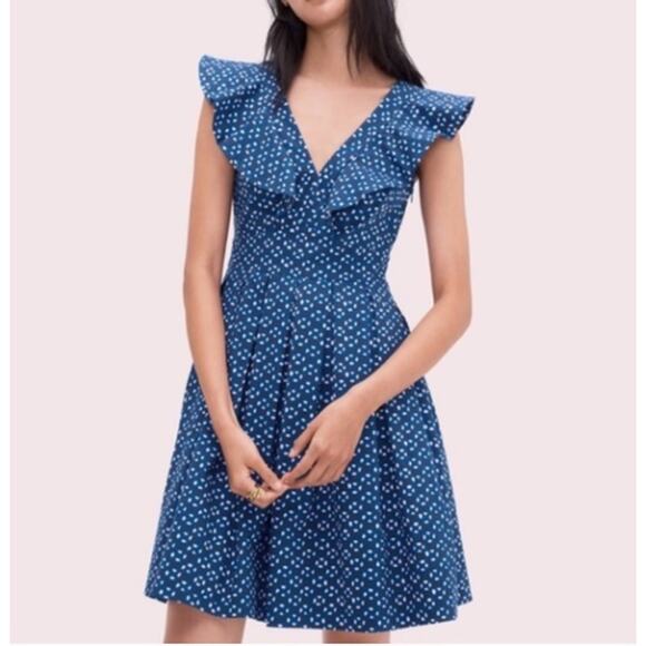 KATE SPADE Geo Dot Cotton Poplin Flounce Dress Blue Sz 14  $348 {3M13} - Picture 1 of 6